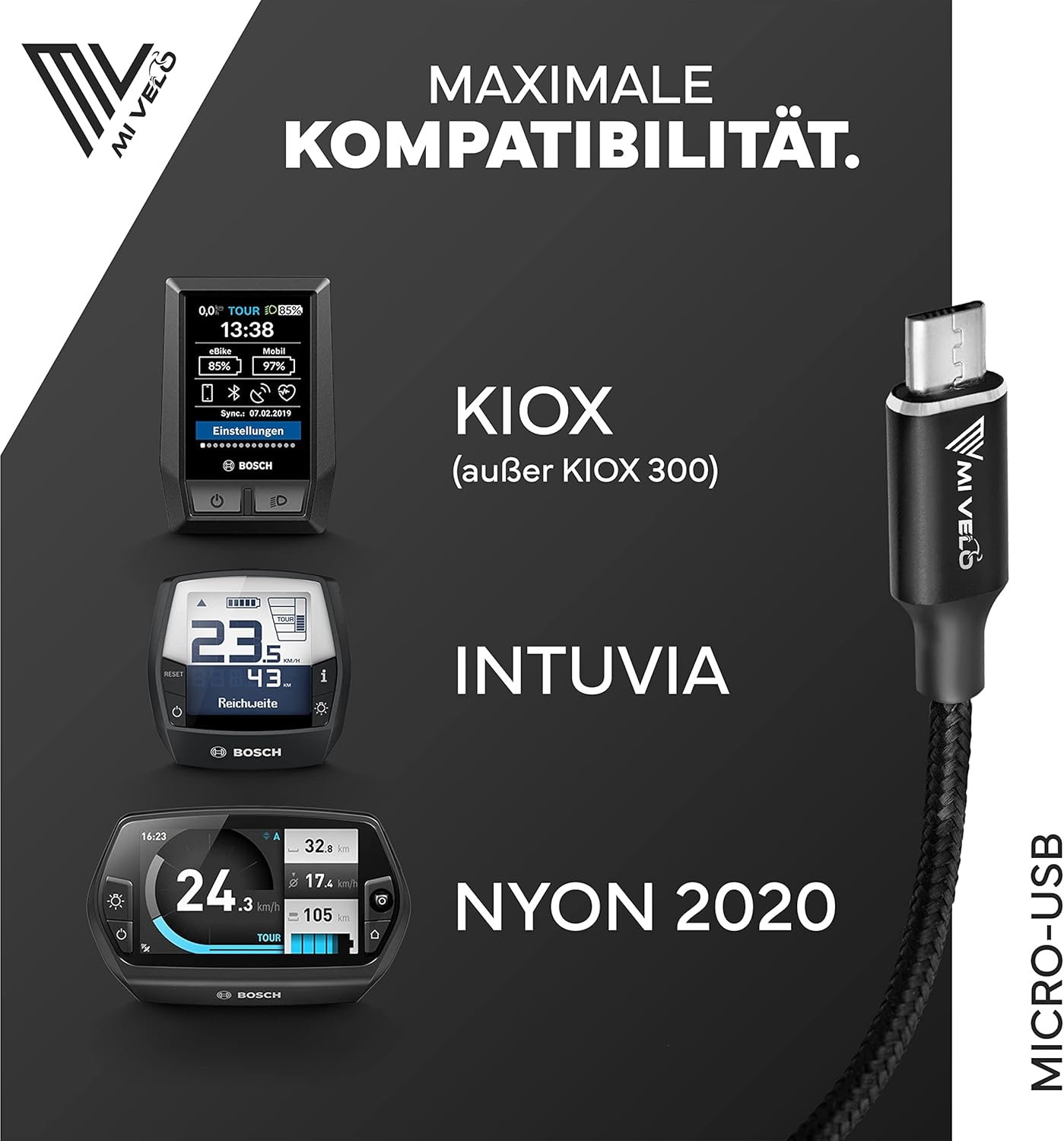 MIVELO E-Bike Ladekabel für Bosch Display - 35 cm OTG Kabel für iPhone (Lightning) - USB-C & Micro-USB - Geeignet für Intuvia, Kiox (nicht 300), Nyon (altes Modell) - Schwarz