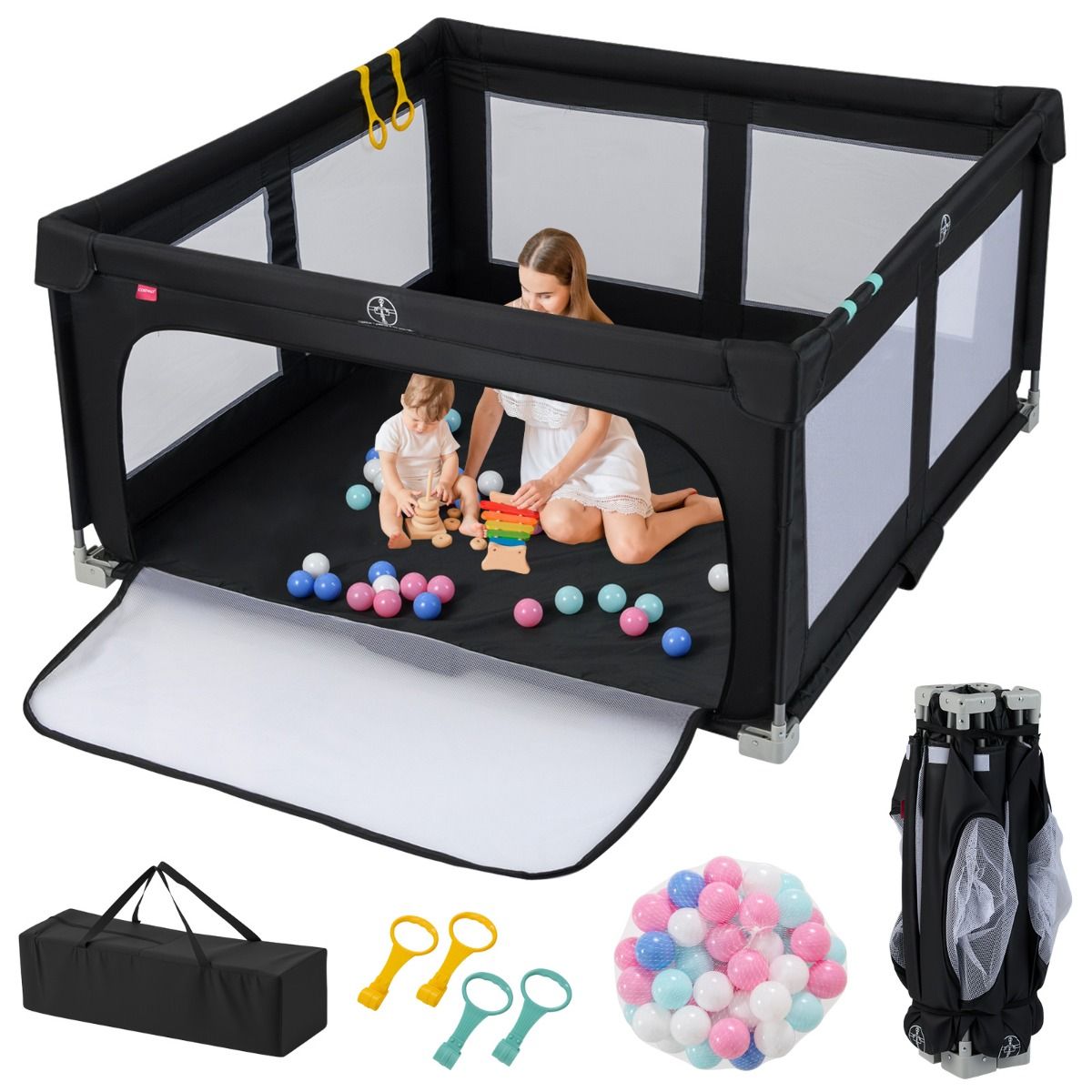 coast baby walker 150 x 150 cm - Faltbares Spielgitter mit 50 Bällen, 4 Griffen & Reißverschlusstür - Schwarz