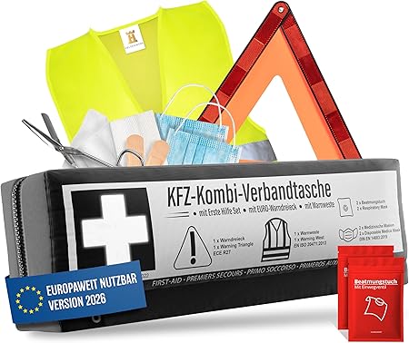 HELDENWERK Auto-Kombi-Tasche - 3 in 1 - Inkl. Warndreieck, Warnweste - DIN 13164:2022 (nach deutscher StVO)