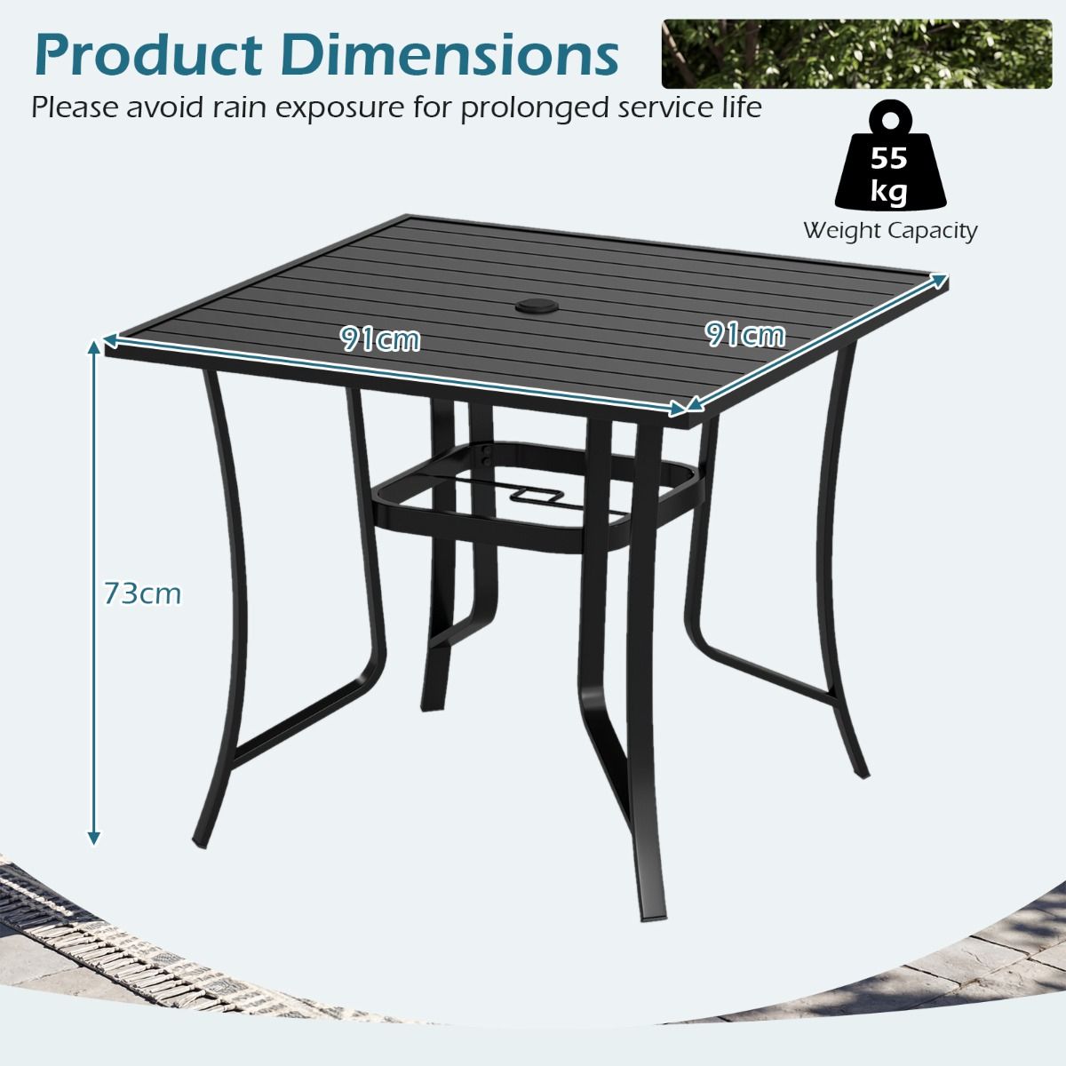 Coast Gartentisch mit Sonnenschirmloch – quadratischer Esstisch – Lattenplatte – schwarz – 91 x 91 cm