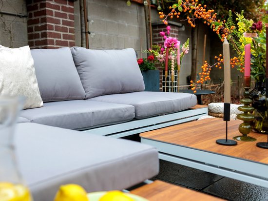 AXI Eos Lounge-Set mit Liege, weiß mit Holzoptik, PSPC – Eckgarnitur mit Tisch – Pulverbeschichtetes Aluminiumgestell – Integrierte Liege – Tischplatte aus PSPC