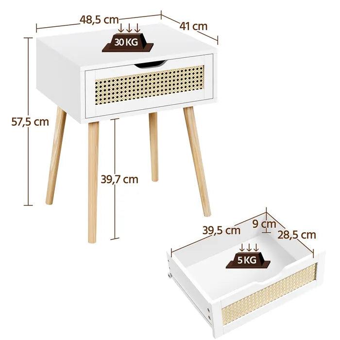 Yaheetech Nachttisch 48,5 x 40 x 57,5 cm – Rattan-Optik – 1 Schublade – Weiß