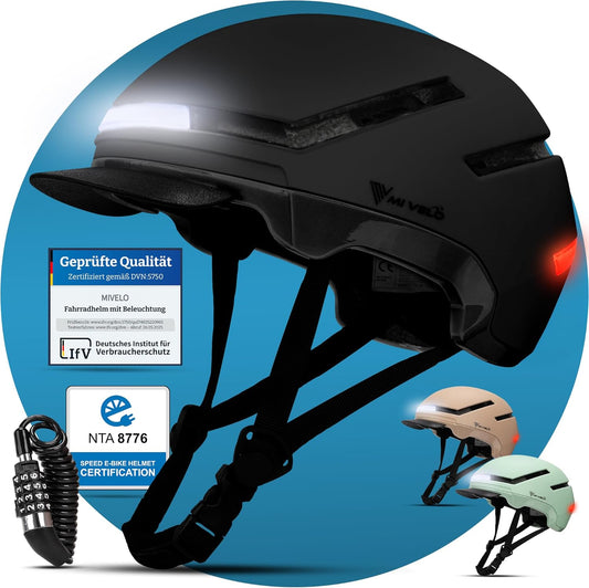 Mivelo Unisex-Radhelm NOVA - Mit Licht - NTA-zertifiziert bis zu 45km/h - Größe M (54-58 cm) - Schwarz