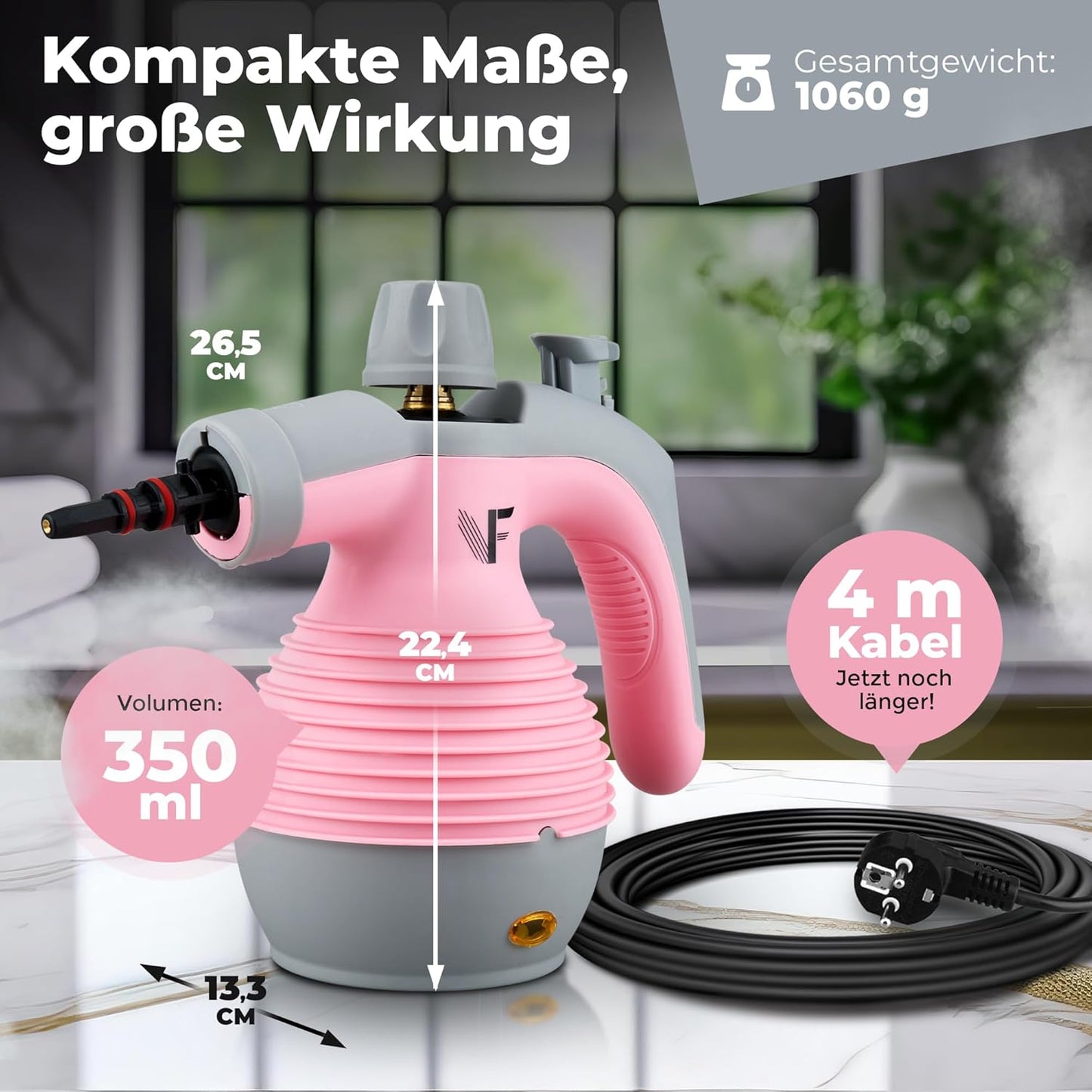 Neighbour's Friend Leistungsstarker Handdampfreiniger - 350ml Tank, Dampfregulierung & Aufsätzen - Rosa