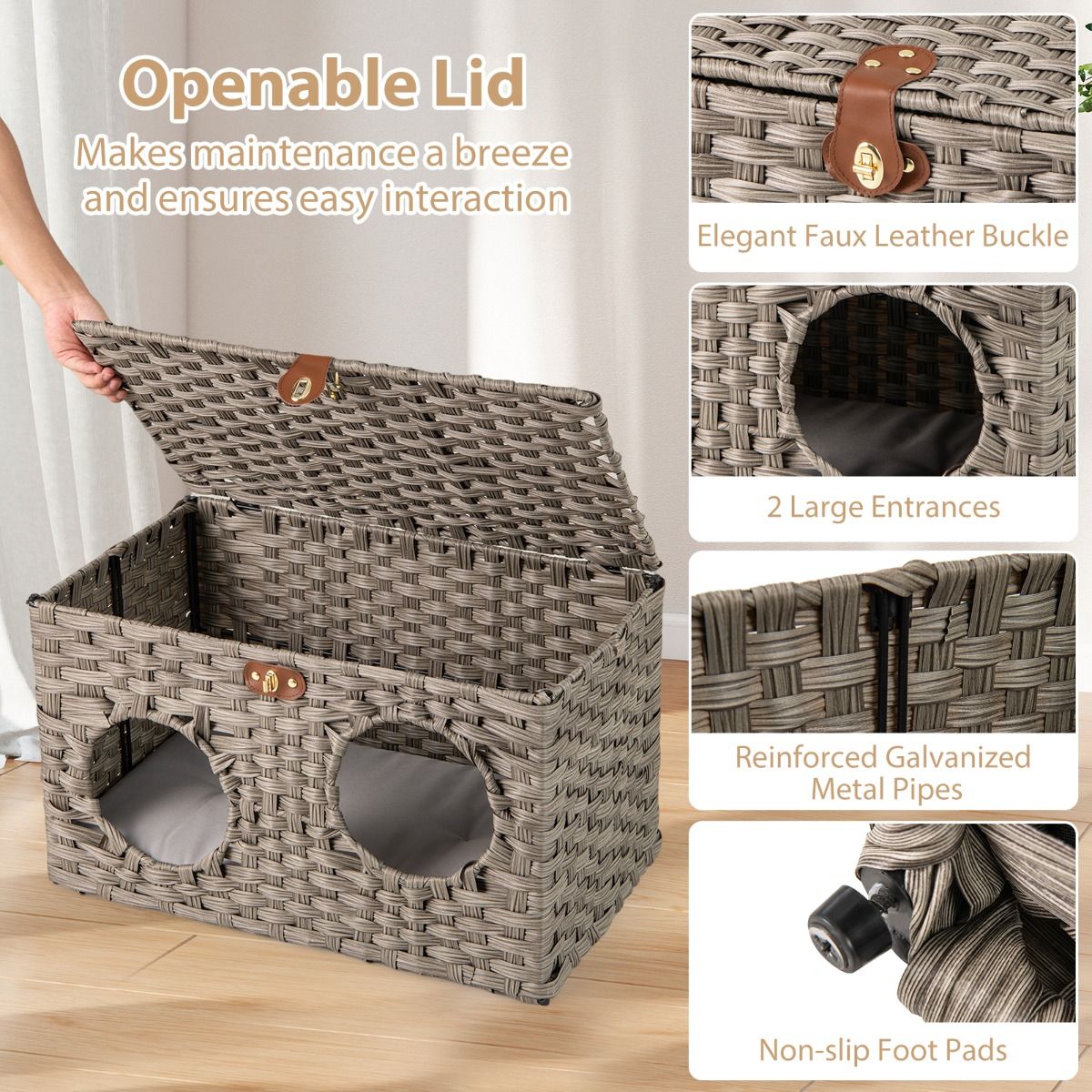Coast Katzenhaus aus Schilf – zusammenklappbares Katzenbett – abnehmbares Kissen – verschließbarer Deckel – 60 x 35 x 35 cm