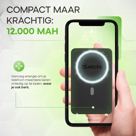 iSetchi MagSafe powerbank 12000 mAh - Kleine Größe - Magnetisch & kabellos - Externer Akku - Tragbares Ladegerät - Notfallpaket - Geeignet für Apple iPhone 12/13/14/15/16 - Schwarz