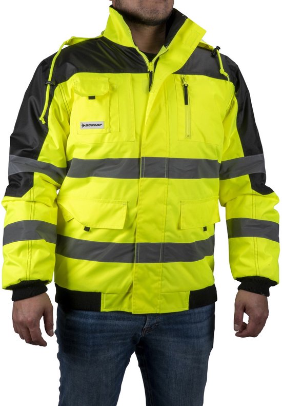 Dunlop Sicherheitsjacke XL – Sicherheitsweste für Erwachsene – Funktionales Design mit Taschen – Fluoreszierend – Bequeme und universelle Passform – PES-Kunststoff – Gelb