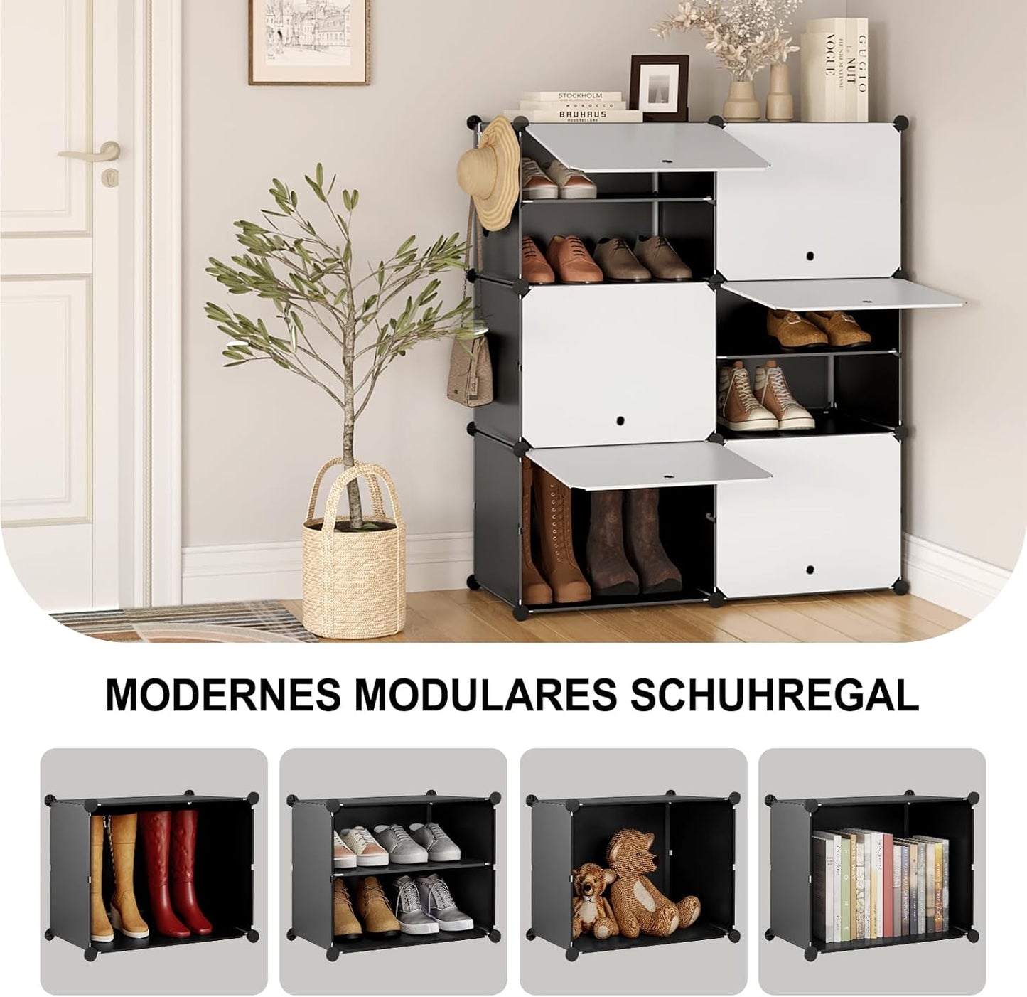 Woltu Schuhregal mit 6 Fächern – Aufbewahrungsschrank für 24 Paar Schuhe – Weiß/Schwarz – 94 x 36,5 x 109 cm