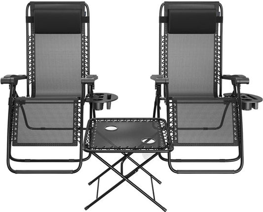 LifeGoods Liegestühle - klappbar - Komplettset - mit Beistelltisch - 30°-90° verstellbar - Gartenstühle - Metall - Schwarz