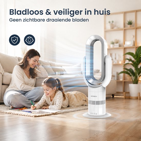 Aironex Swing kabelloser Ventilator mit Heizfunktion – Heizventilator – 2-in-1: Kühlen & Heizen – 10 Stufen – 71° Schwenkbereich – Fernbedienung – Weiß