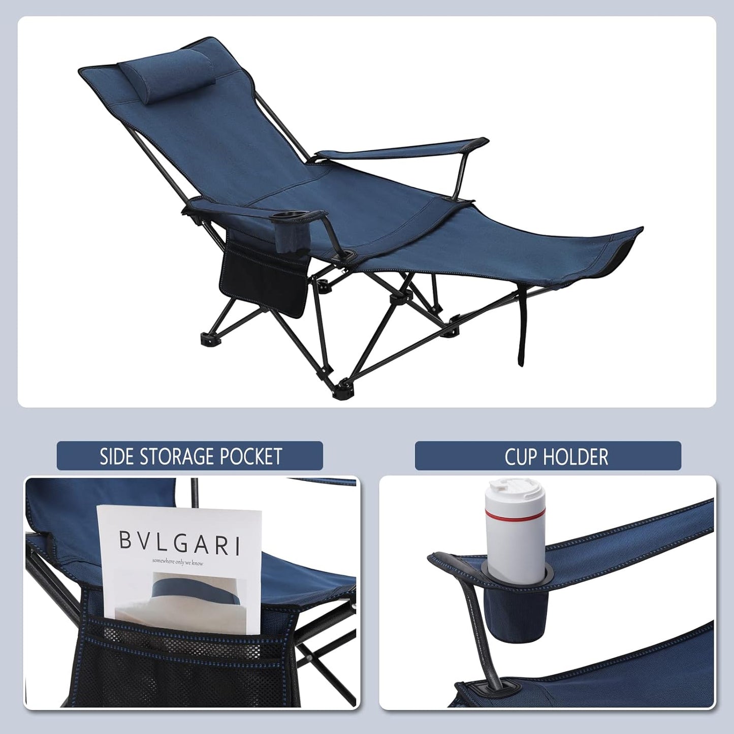 Woltu Campingstuhl 2er Set - Zusammenklappbare Liege mit Fußstütze und Becherhalter - 160 x 88,5 x 84 cm - Blau