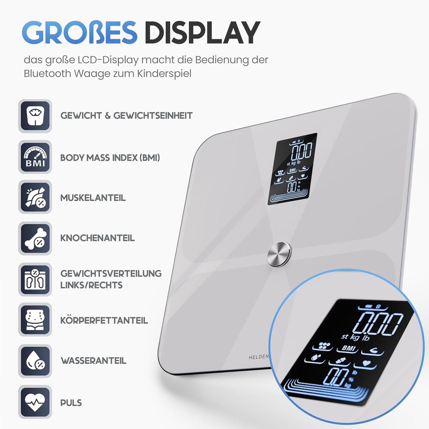 Heldentum Waage - Digital - 180KG - Bluetooth - Grau