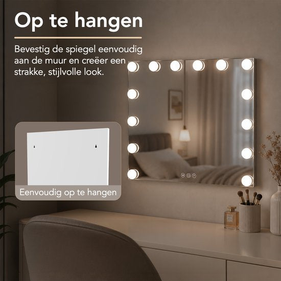 Lumirex Hollywood-Spiegel 58 x 46 cm – Make-up-Spiegel mit Beleuchtung – 15 LED-Lampen – dimmbar – 3 Lichtfarben – Smart Touch – Netzstrom – Visagie-Spiegel – Weiß