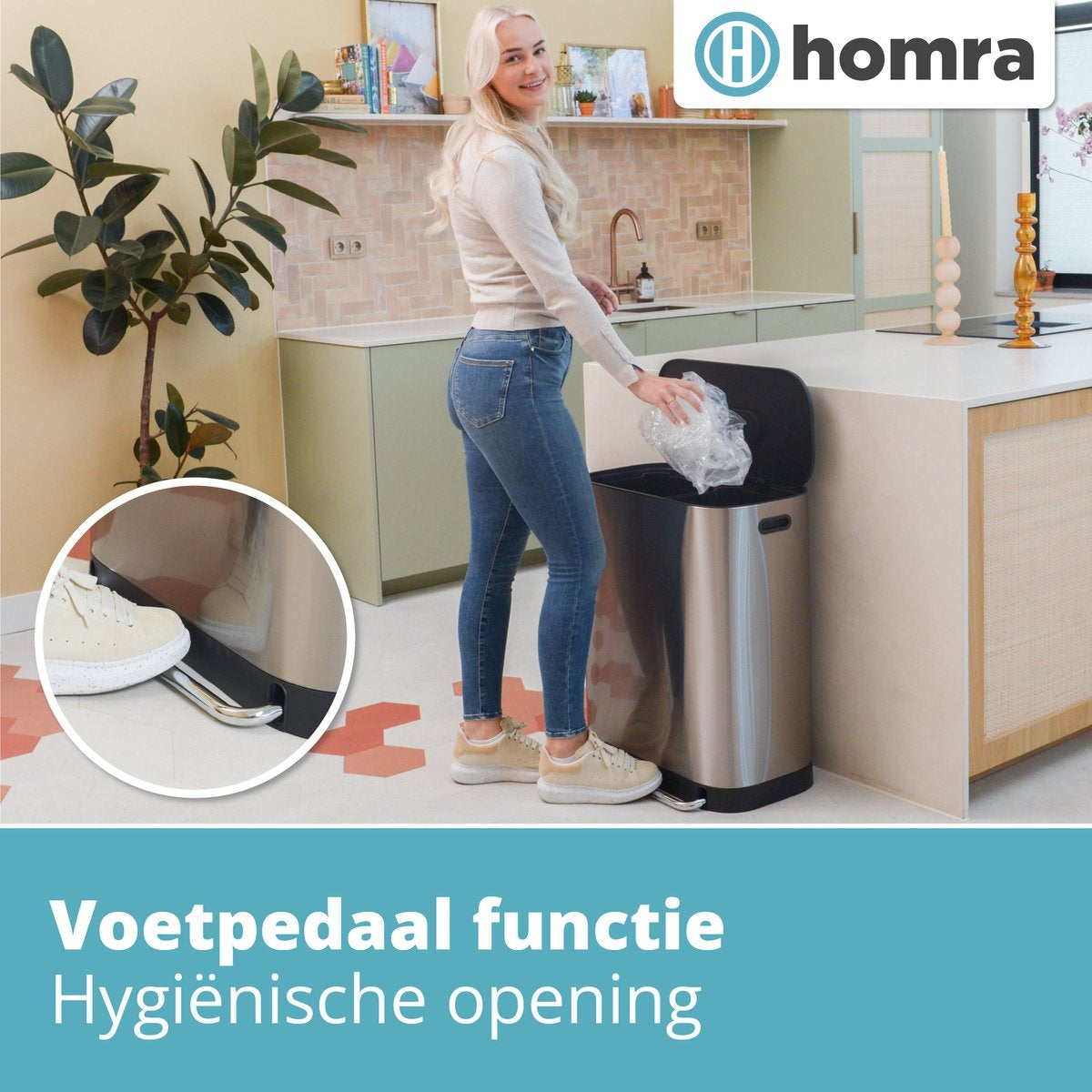 Doppelmülleimer 2x30L Homra Rockx - Duo-Treteimer 60L mit Geruchsfilter - Edelstahl Mülltrennung Mülleimer 2 Fächer - Recycling Mülleimer - Mülleimer Küchenabfalltrennung - Abfalleimer - Edelstahl matt