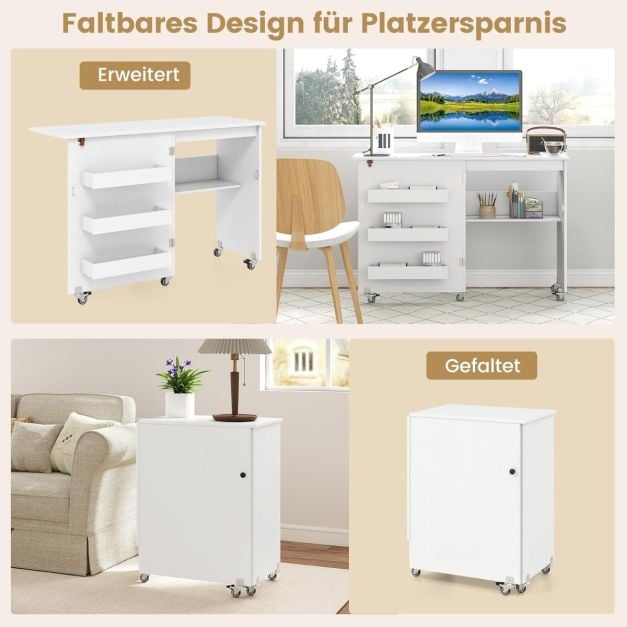 Coast Nähtisch Weiß - Zusammenklappbarer Basteltisch auf Rädern mit Stauraum und 3 versteckten Fächern - 118,5 x 40 x 79,5 cm