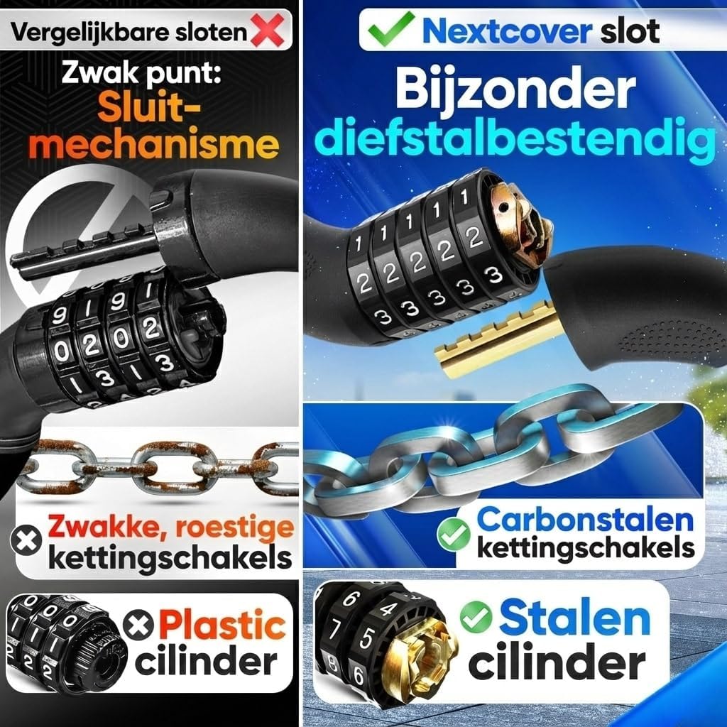 NEXTCOVER® Fahrradschloss LockOne mit Zahlencode I - [SAFESECURE] Zahlenschloss sehr sicheres Fahrradschloss Zahlenschloss I robustes & langlebiges Kettenschloss Fahrrad I Fahrradschloss