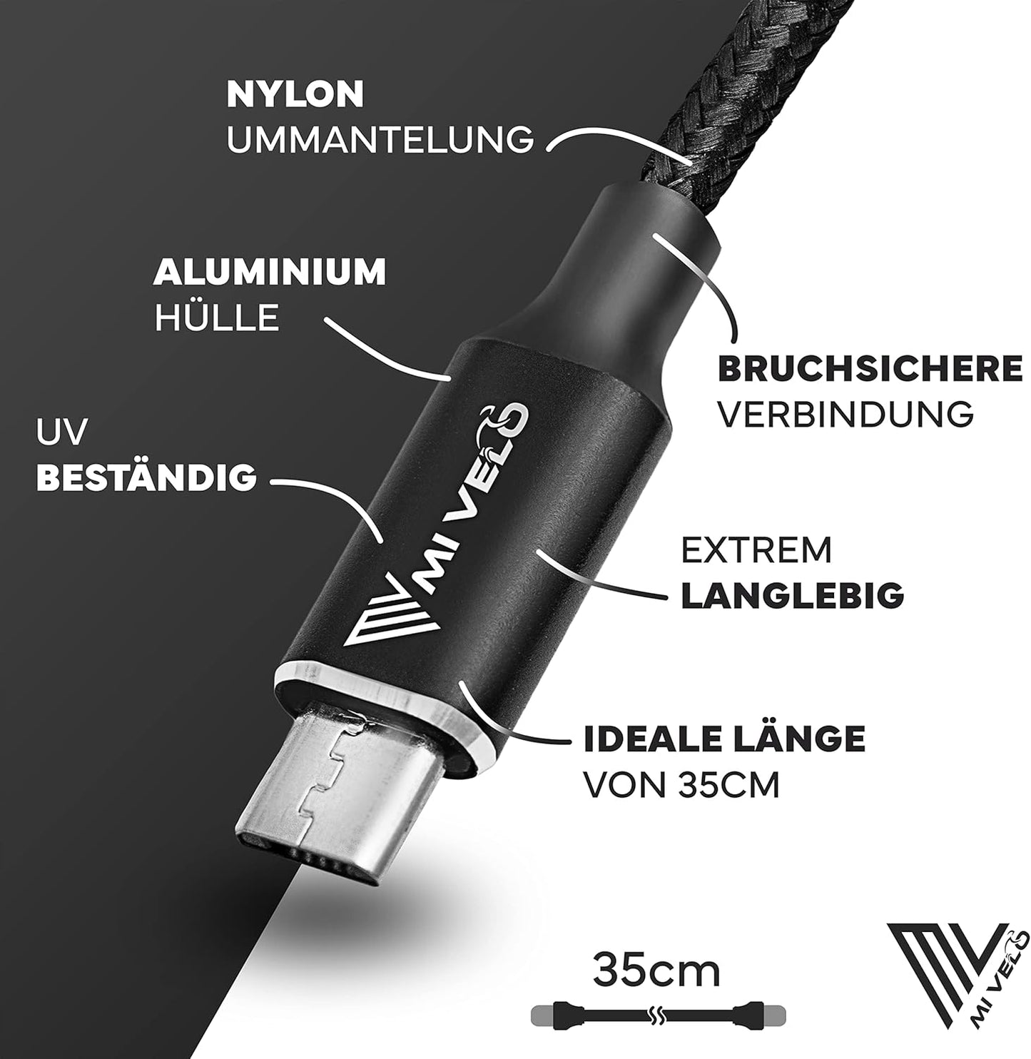 MIVELO E-Bike Ladekabel für Bosch Display - 35 cm OTG Kabel für iPhone (Lightning) - USB-C & Micro-USB - Geeignet für Intuvia, Kiox (nicht 300), Nyon (altes Modell) - Schwarz