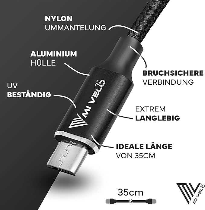 MIVELO E-Bike Display Kabel - Micro-USB auf USB-C - 40 cm - Schwarz