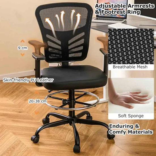 Coast Arbeitsstuhl - Ergonomisch - Verstellbar - Drehbar - Fußring - Netz - Schwarz