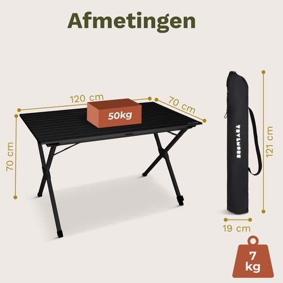 TRVLMORE Campingtisch - 120x70x70cm - Leichtgewicht mit Aluminiumrahmen - Klapptisch verstellbar - Campingtisch - Klapptisch - Schwarz