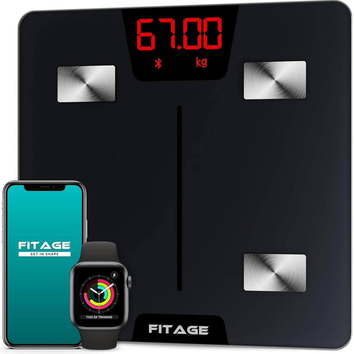Fitage Digitale Personenwaage Intelligente Körperanalyse - 17 Messwerte - App-Verknüpfung - 180 kg - 28 x 28 cm - Schwarz