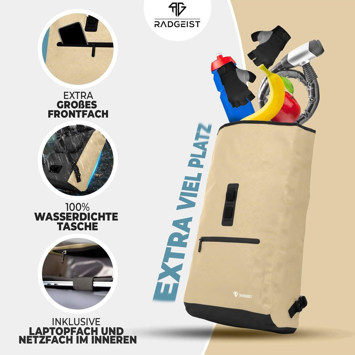 RADGEIST Fahrradtasche für Gepäckträger - Für Frauen & Männer - 20L - Beige