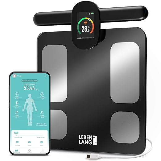 LEBENLANG Fitness-Körperfettwaage - Mit Handsensoren - 29 Messwerte - Mit App Connect - 180 kg Tragkraft - Wiederaufladbar & mit LED-Anzeige