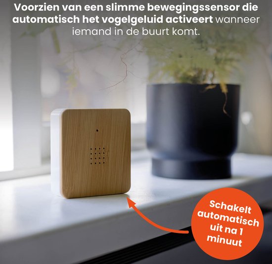 QLT Vogelhaus mit Naturgeräuschen - Box mit Vogelstimmen - Batteriebetrieben - Automatischer Bewegungssensor - Einstellbare Lautstärke - Holz/Grau