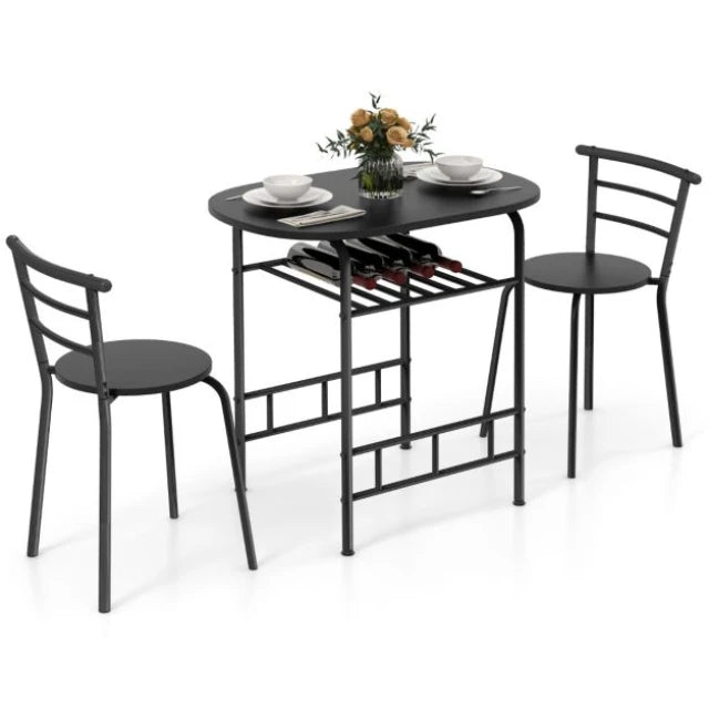 Coast Esstisch-Set Schwarz - 3-teiliges Bar-Tisch-Set mit 2 Stühlen und Weinregal - Tisch 80 x 53 x 77 cm