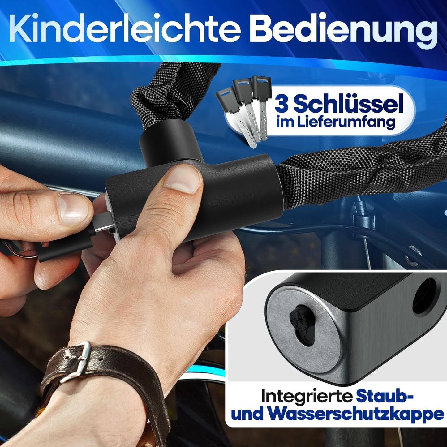 NEXTCOVER® Fahrradschloss LockOne mit Schlüssel I - [SAFE] Fahrradschloss hohe Sicherheit I robustes & langlebiges Kettenschloss Fahrrad I Fahrradschloss, Fahrradschloss 3 Schlüssel