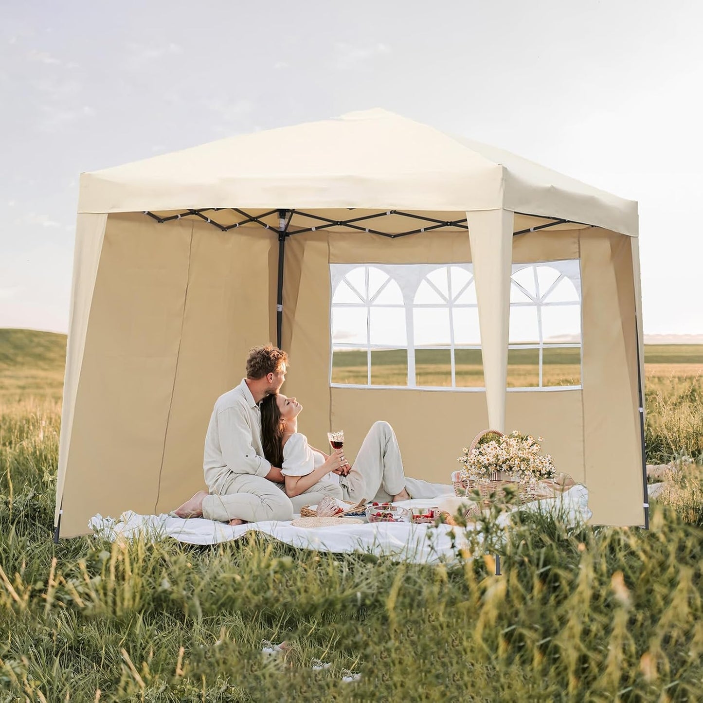 Angel Living Partyzelt - Einfacher Aufbau - Mit 2 Seitenwänden - 250 x 250 x 250 cm - Beige