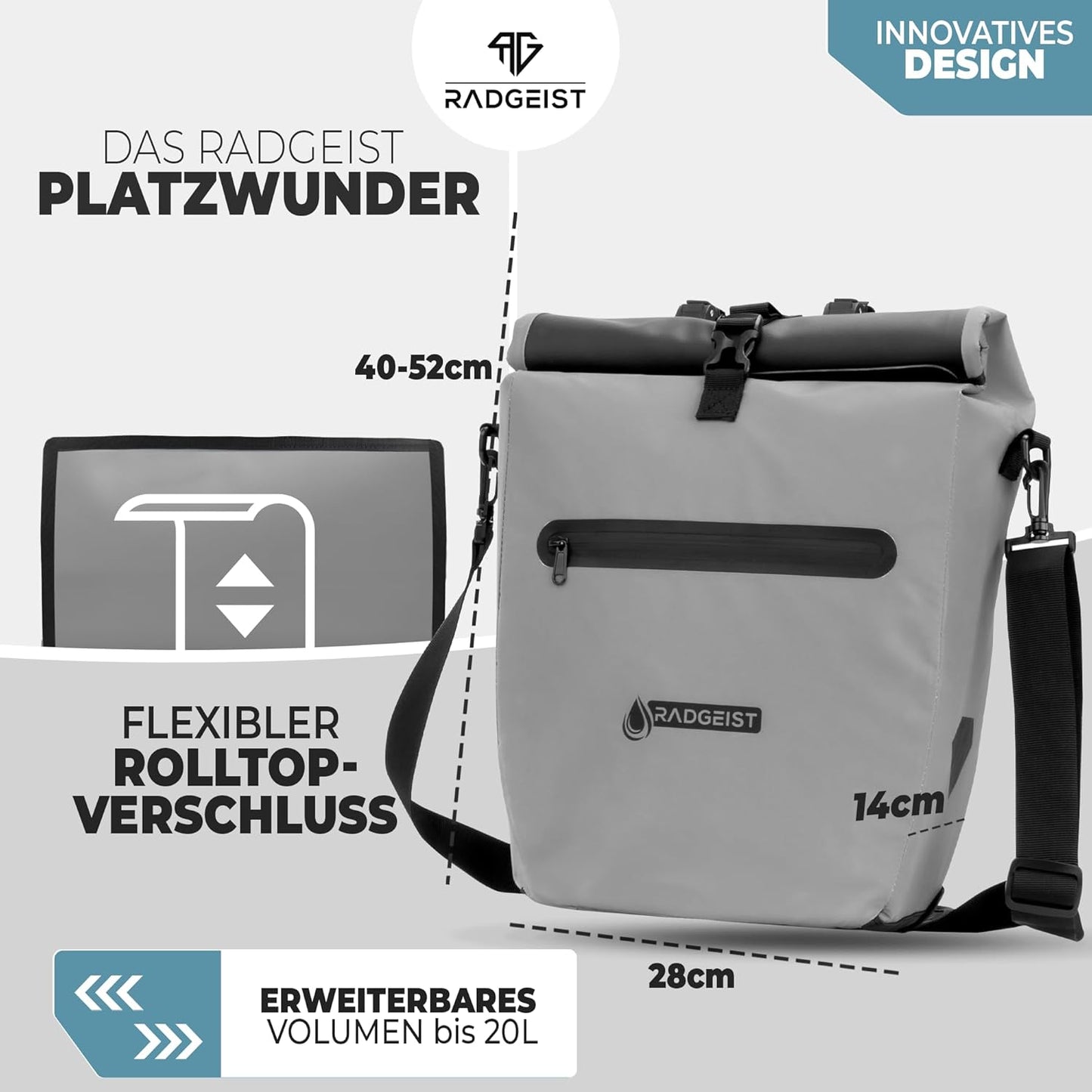 RADGEIST Tasche für Fahrradträger - Wasserdicht - Reflektierend - 20L - Grau