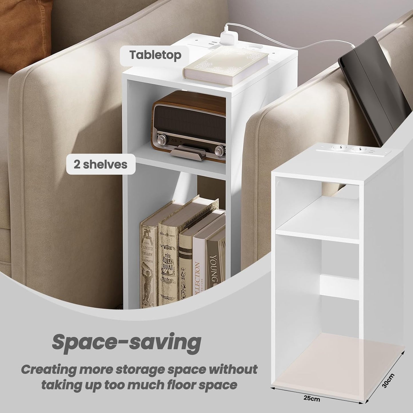 Woltu 2x Nachttisch mit USB und Steckdose - Weiß - 25 x 30 x 60 cm - Kompaktes und modernes Design