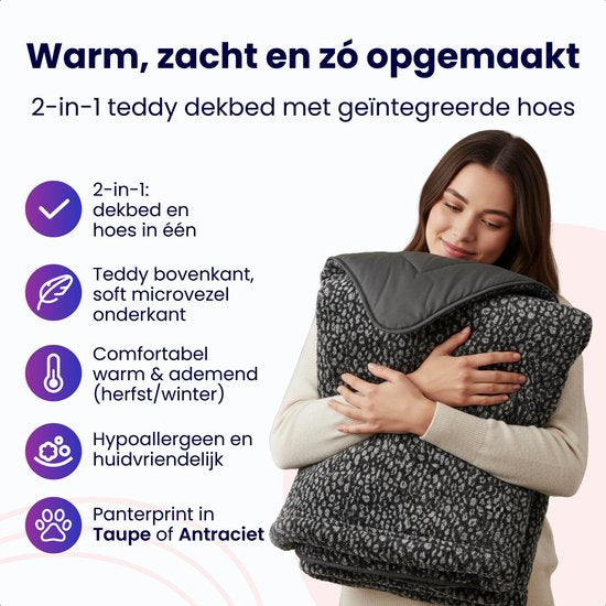 Soulsnooze Teddy-Bettdecke Panther Anthrazit 240×220 – 2-in-1-Bettdecke ohne Bezug – Waschbare Bettdecke ohne Bezug – Decke – Tagesdecke – Flauschige Decke