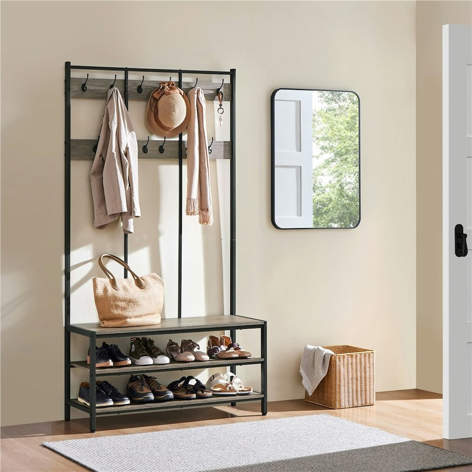 Yaheetech Industrieller Garderobenständer mit Schuhregal und Sitzbank 100 x 35 x 185 cm – Grau – Flurmöbel mit 24 Haken