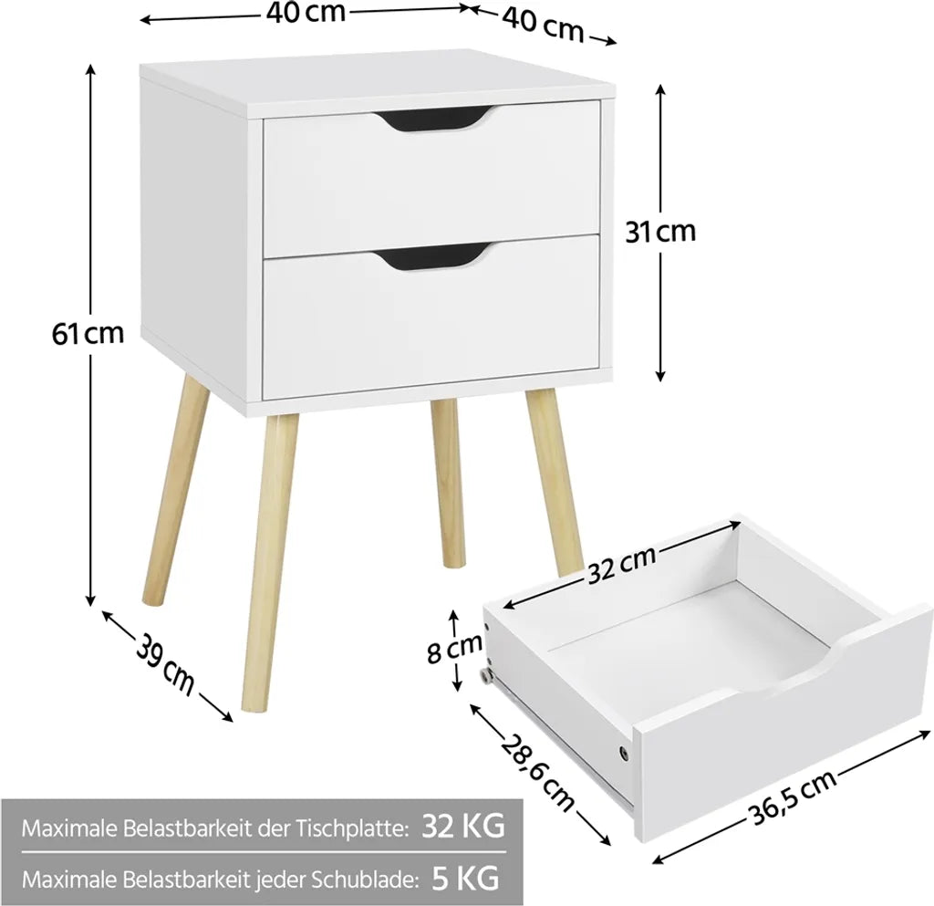 Yaheetech Set aus 2 Nachttischen 40 x 40 x 61 cm – Weiß – Beistelltische aus Holz mit 2 Schubladen