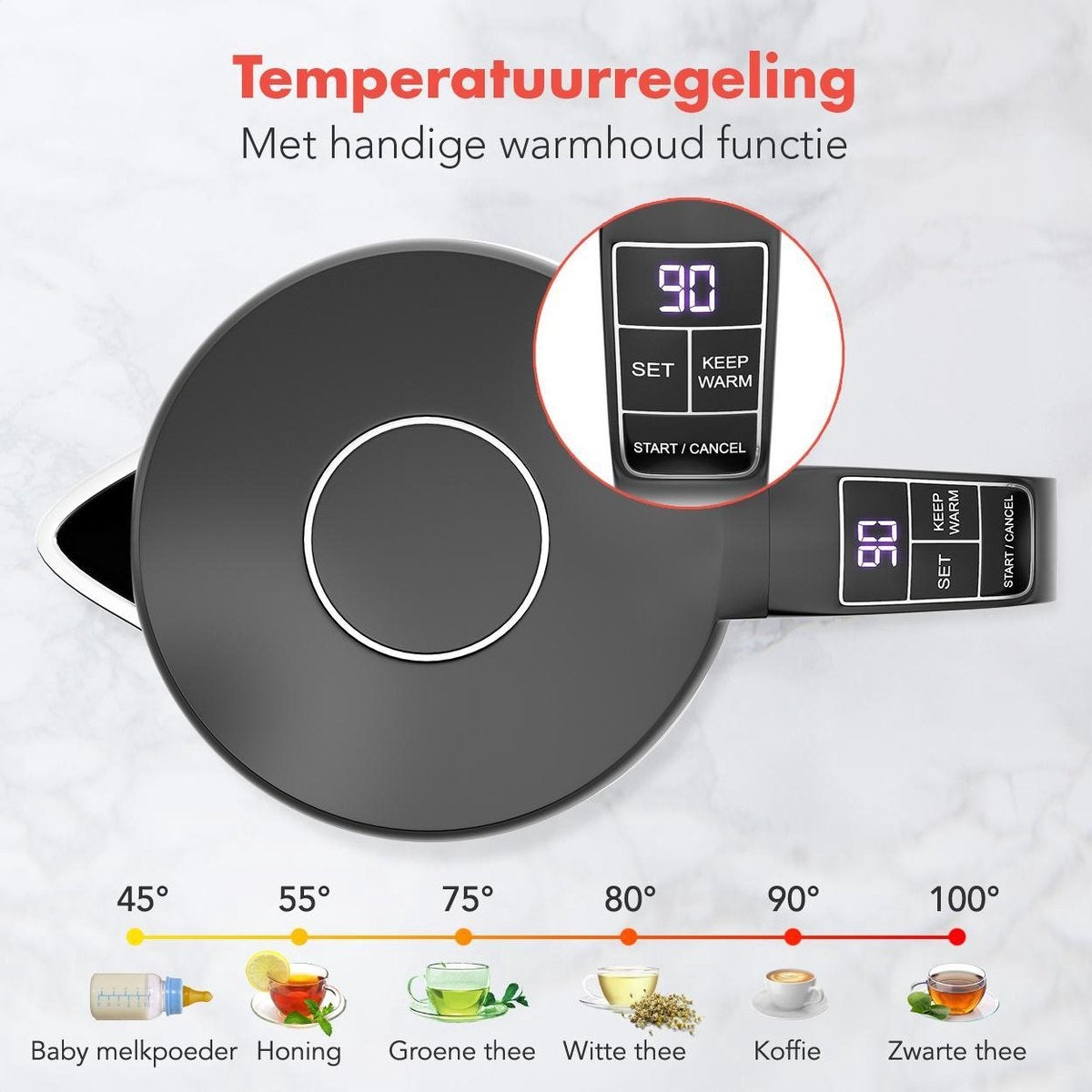 KitchenBrothers Elektrischer Wasserkocher - 1.7L - Temperaturregelung - 1800W - Edelstahl - Schwarz