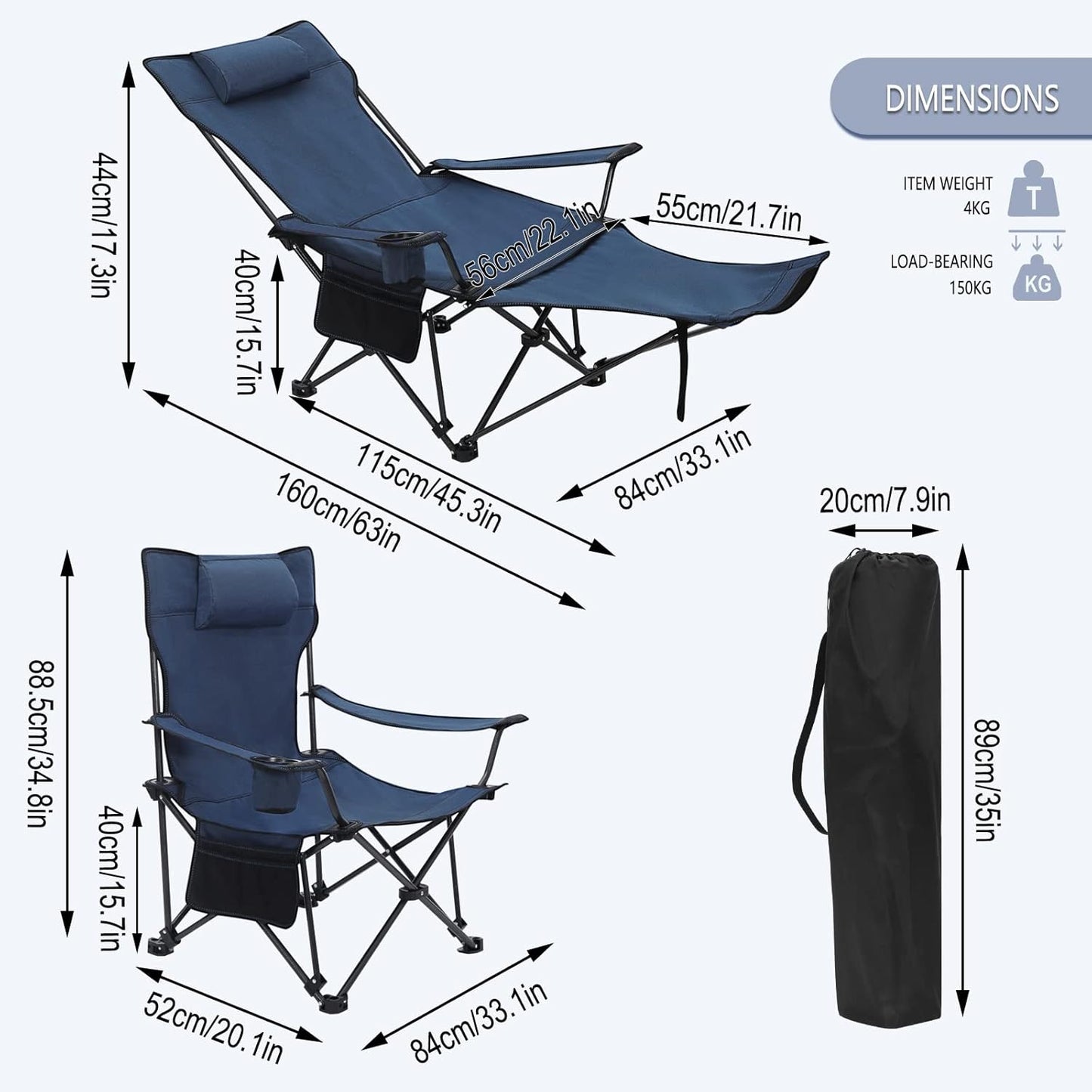 Woltu Campingstuhl 2er Set - Zusammenklappbare Liege mit Fußstütze und Becherhalter - 160 x 88,5 x 84 cm - Blau