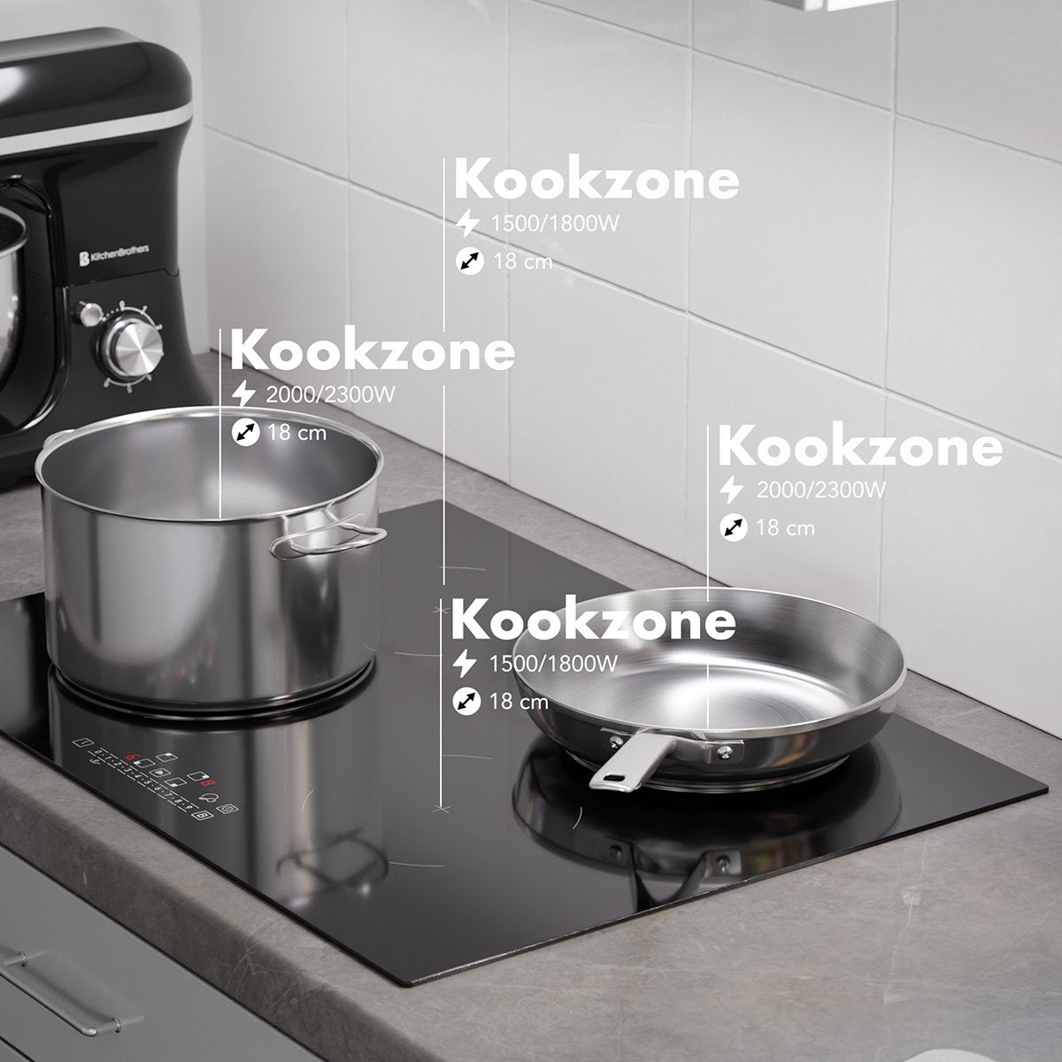 KitchenBrothers Induktionskochfeld - Einbau-Induktionskochfeld - 70 cm - 4 Zonen - 1 und 2 Phasen - bis zu 2300W - Schwarz