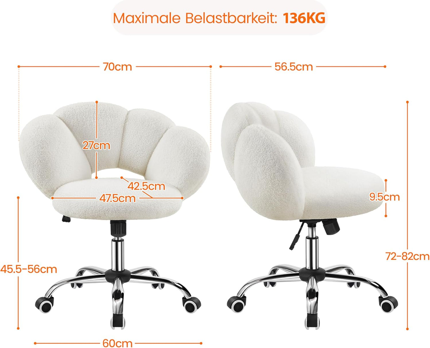 Yaheetech Verstellbarer Bürostuhl - Wolkenförmig - Bis zu 136 kg - 70 x 60 x 72-82 cm - Weiß