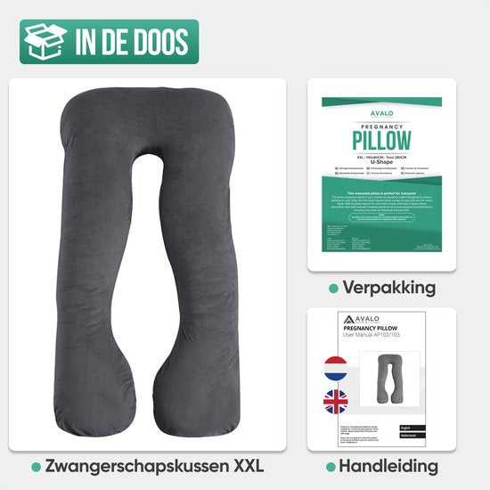 Avalo Schwangerschaftskissen XXL 280 cm – U-förmiges Stillkissen & Seitenschlafkissen – Body Pillow – Körperkissen – Dunkelgrau