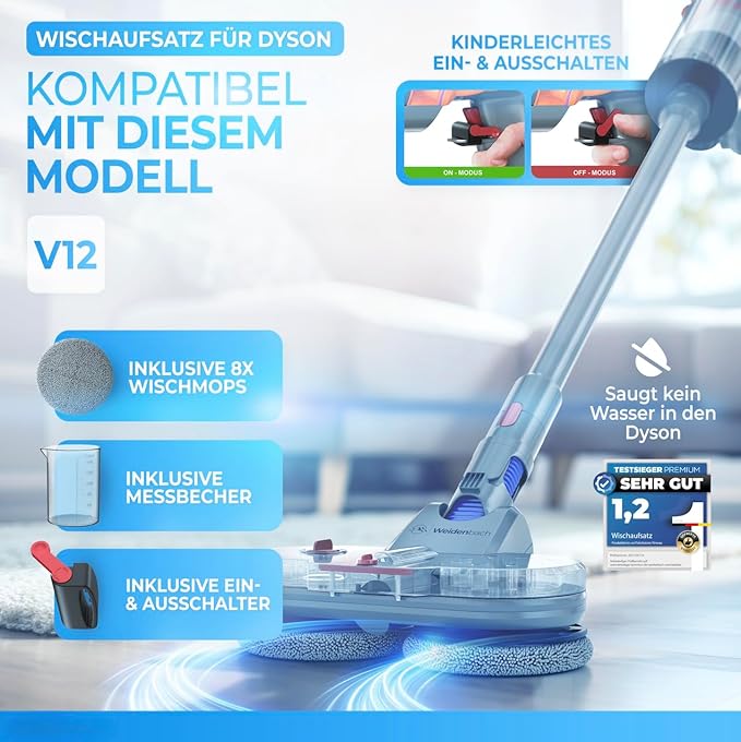 Testsieger - Moppaufsatz für Dyson V12 - Elektrostaubsauger - Moppaufsatz - Nass- und Trockensauger - mit abnehmbarem Wassertank, Nachfüllbehälter und 8 waschbaren Mopps
