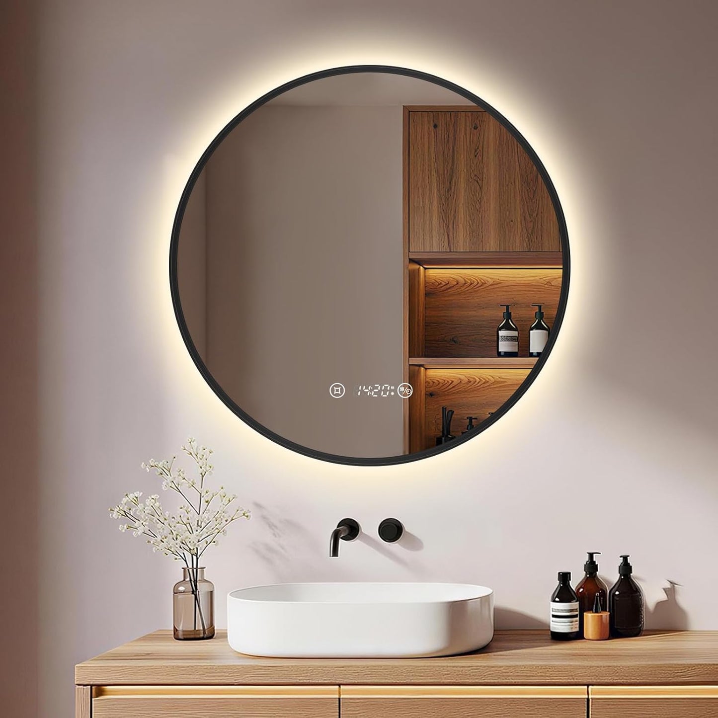 S'afielina Runder Badezimmerspiegel mit LED-Beleuchtung, schwarz, Ø 60 x 3 cm – dimmbar – beschlagfrei – Uhr & Temperaturanzeige