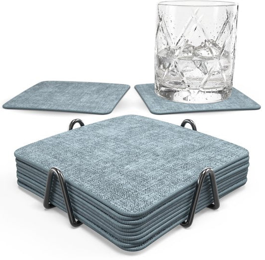 Castagnola Untersetzer aus Kunstleder – Untersetzer für Gläser – Design-Untersetzer mit Halter – Untersetzer-Set aus Kunstleder mit Metallhalter – Leder – 10er-Set – Blau meliert – 10 x 10 cm