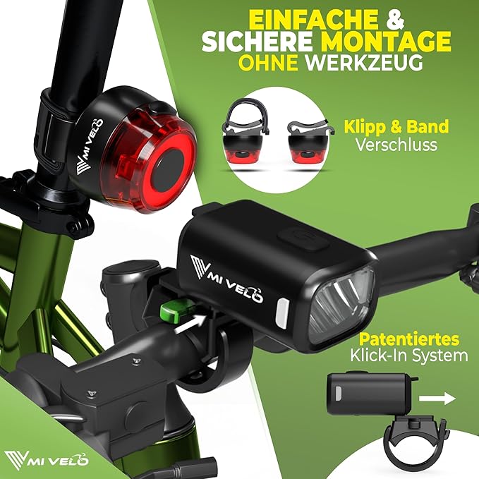 MIVELO Fahrradlicht-Set - USB aufladbar & wasserdicht - 100 Lux - Smart One