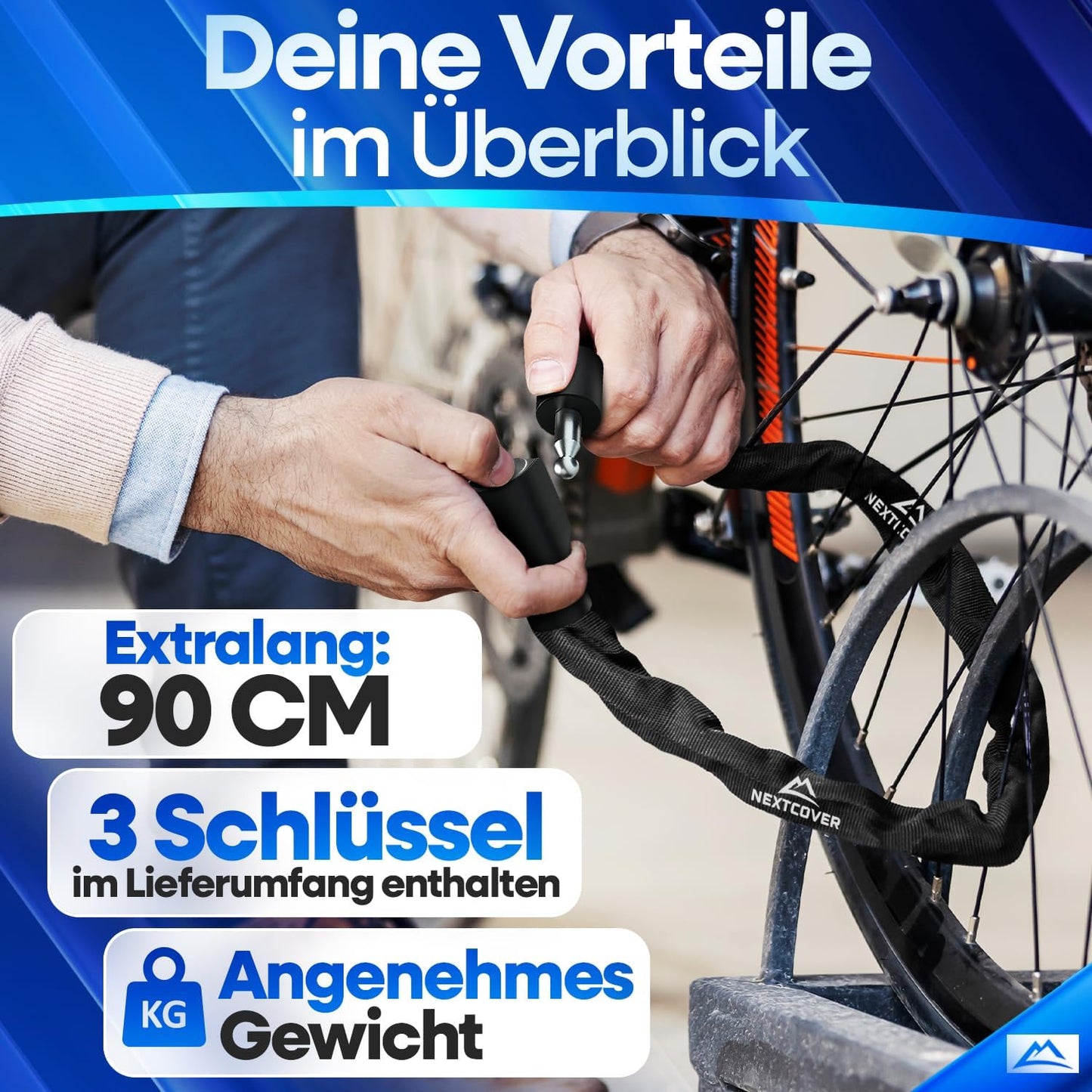 NEXTCOVER® Fahrradschloss LockOne mit Schlüssel I - [SAFE] Fahrradschloss hohe Sicherheit I robustes & langlebiges Kettenschloss Fahrrad I Fahrradschloss, Fahrradschloss 3 Schlüssel