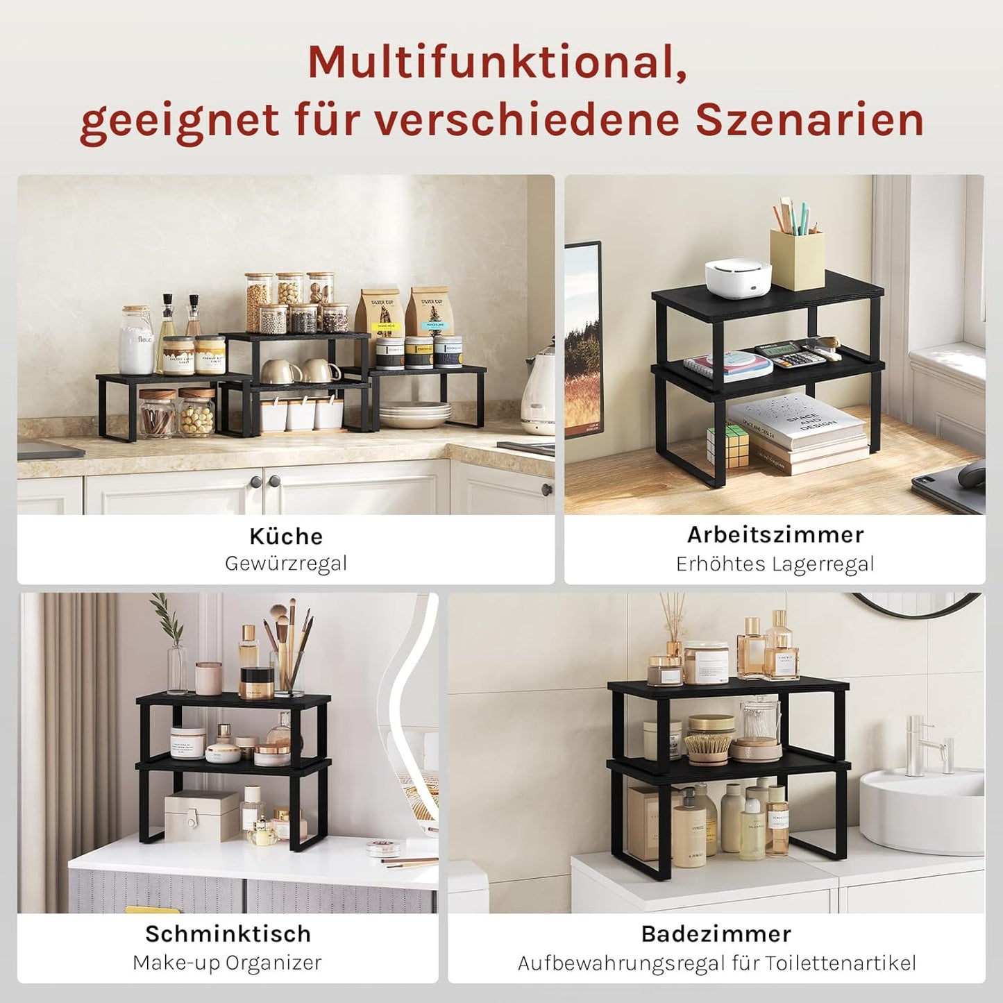 Woltu 2-teiliges stapelbares Gewürzregal – Schwarz – MDF & Metall – 34 x 19,5 x 15,5 cm