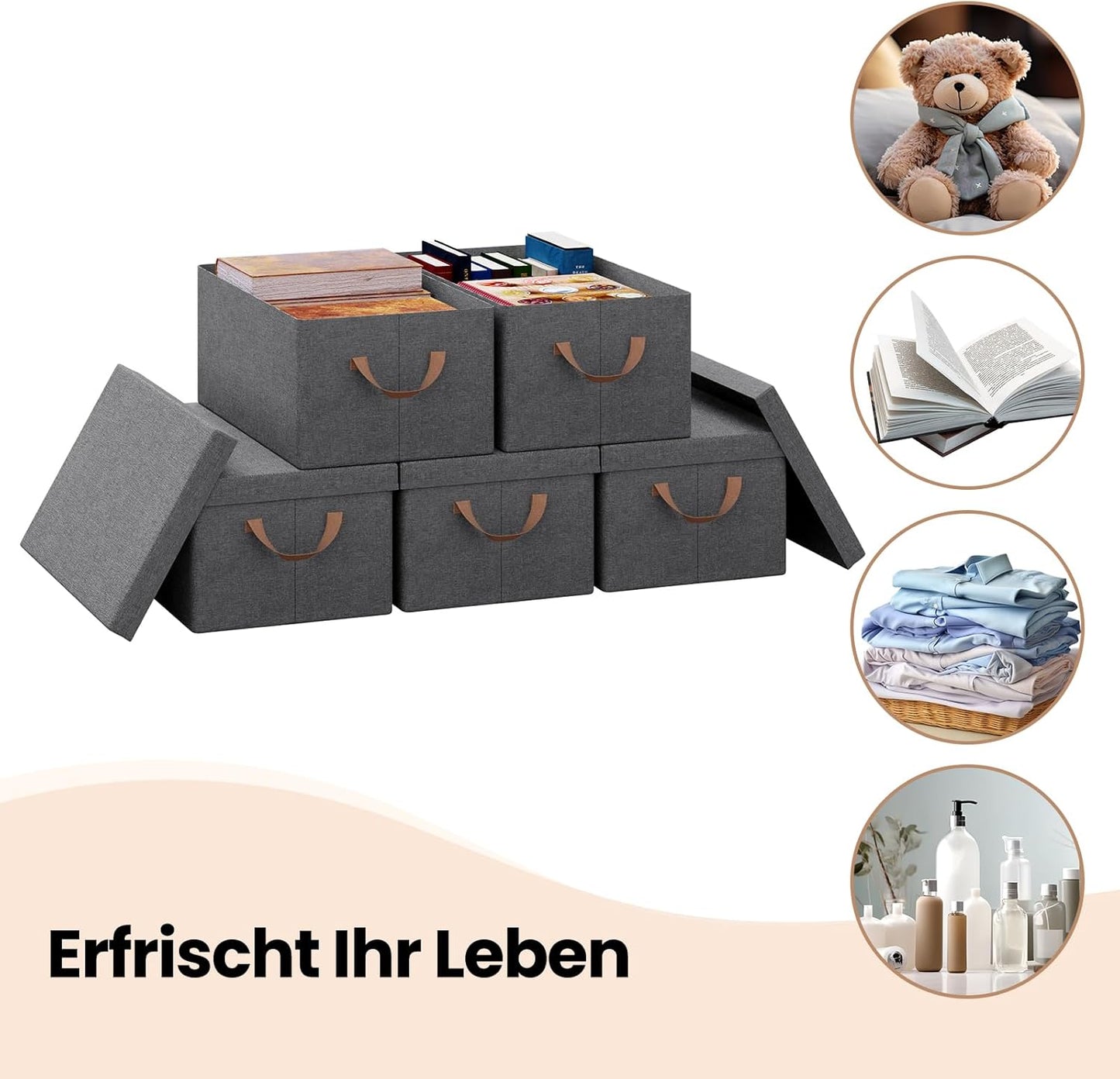 WOLTU Aufbewahrungsbox mit Deckel - Set mit 5 Aufbewahrungsboxen - zusammenklappbar - grau - 38 x 27 x 20 cm