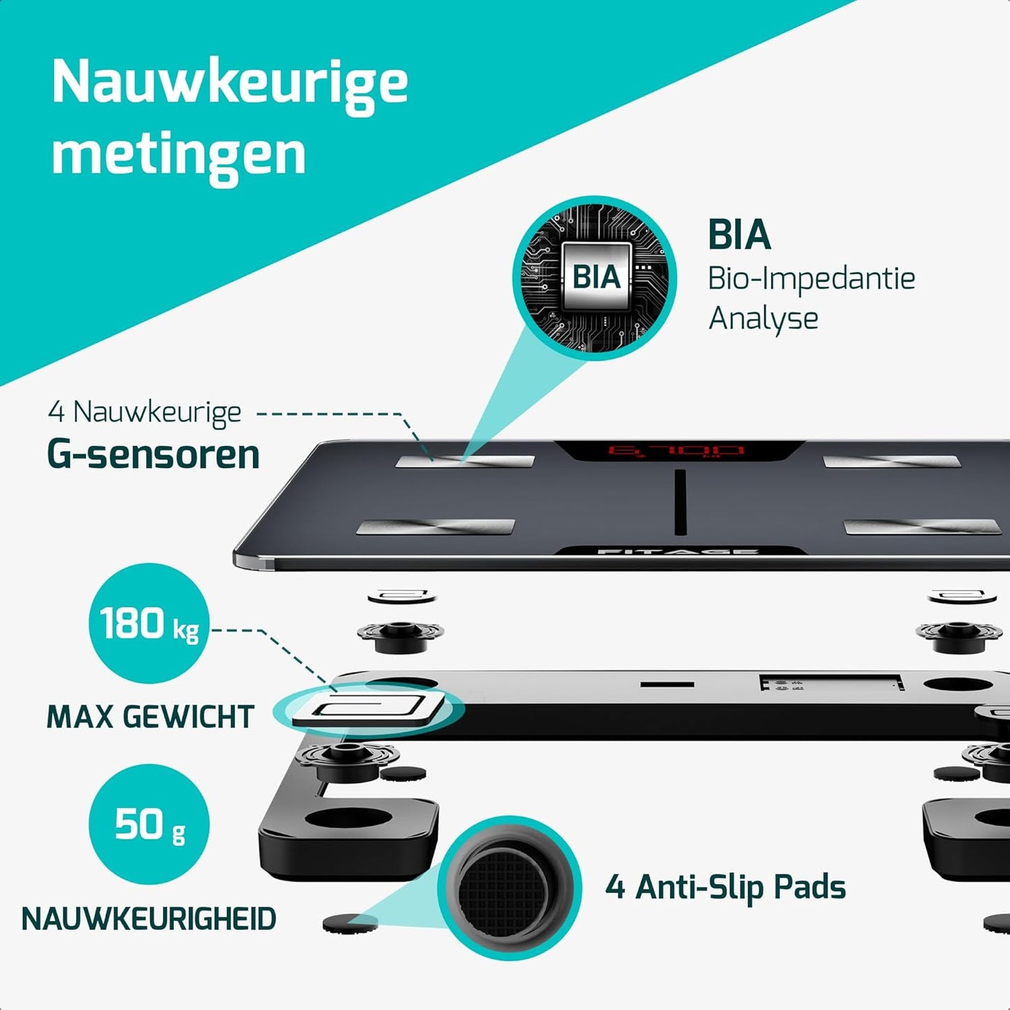 Fitage Digitale Personenwaage Intelligente Körperanalyse - 17 Messwerte - App-Verknüpfung - 180 kg - 28 x 28 cm - Schwarz