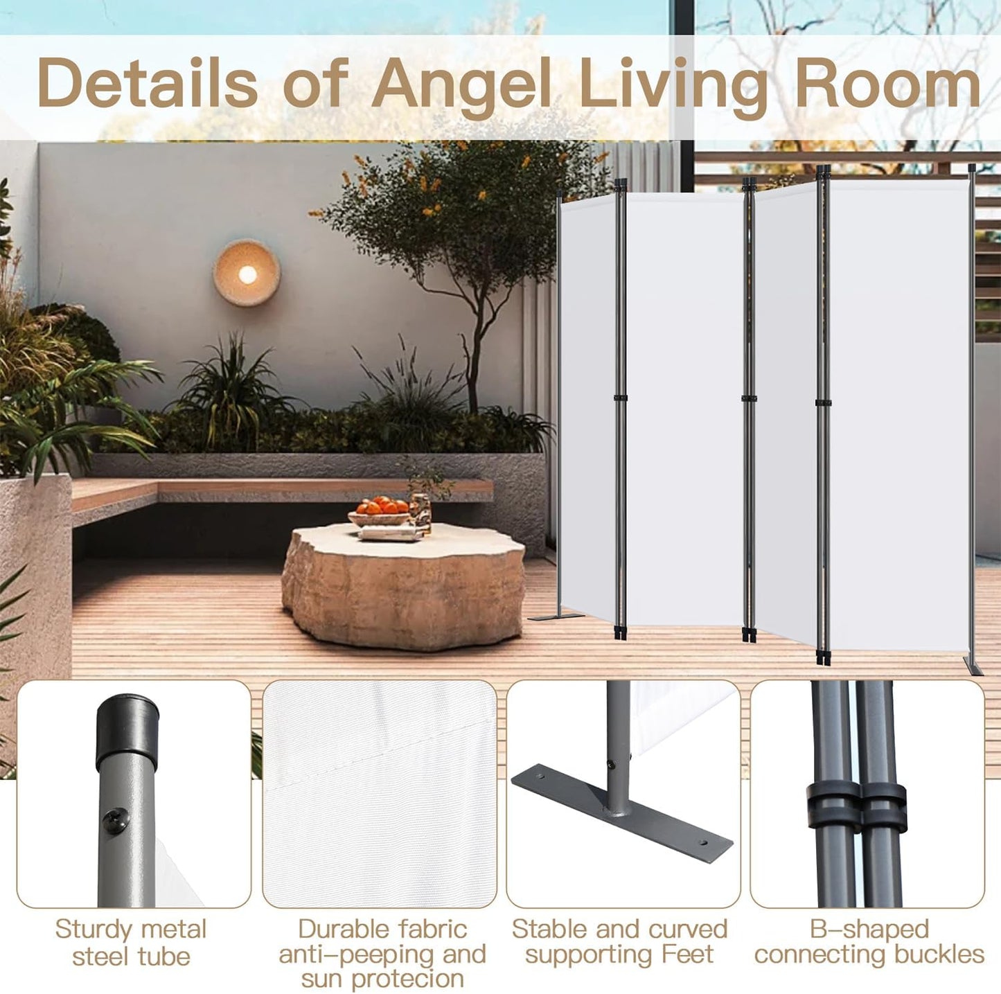 Angel Living Chamber Screen - 4-teilig - 224x165 cm - faltbar - Stahl & Polyester - freistehend - Raumteiler & Sichtschutz - Weiß